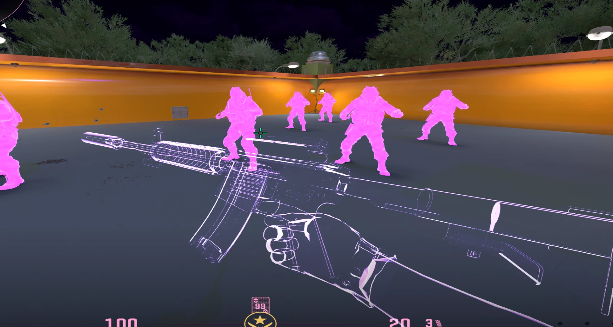 Wireframe chams on an M4 with players painted solid pink.