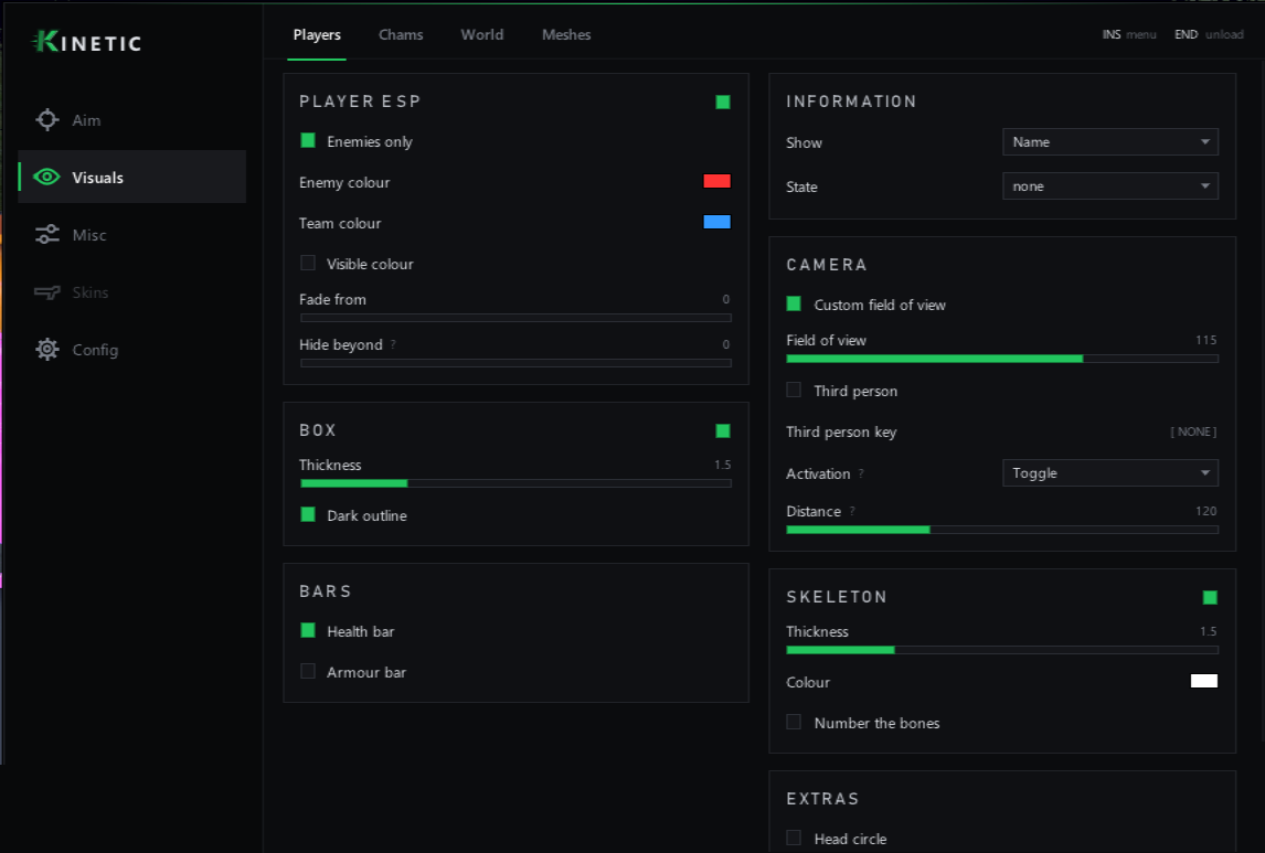 The Kinetic menu, Visuals tab.