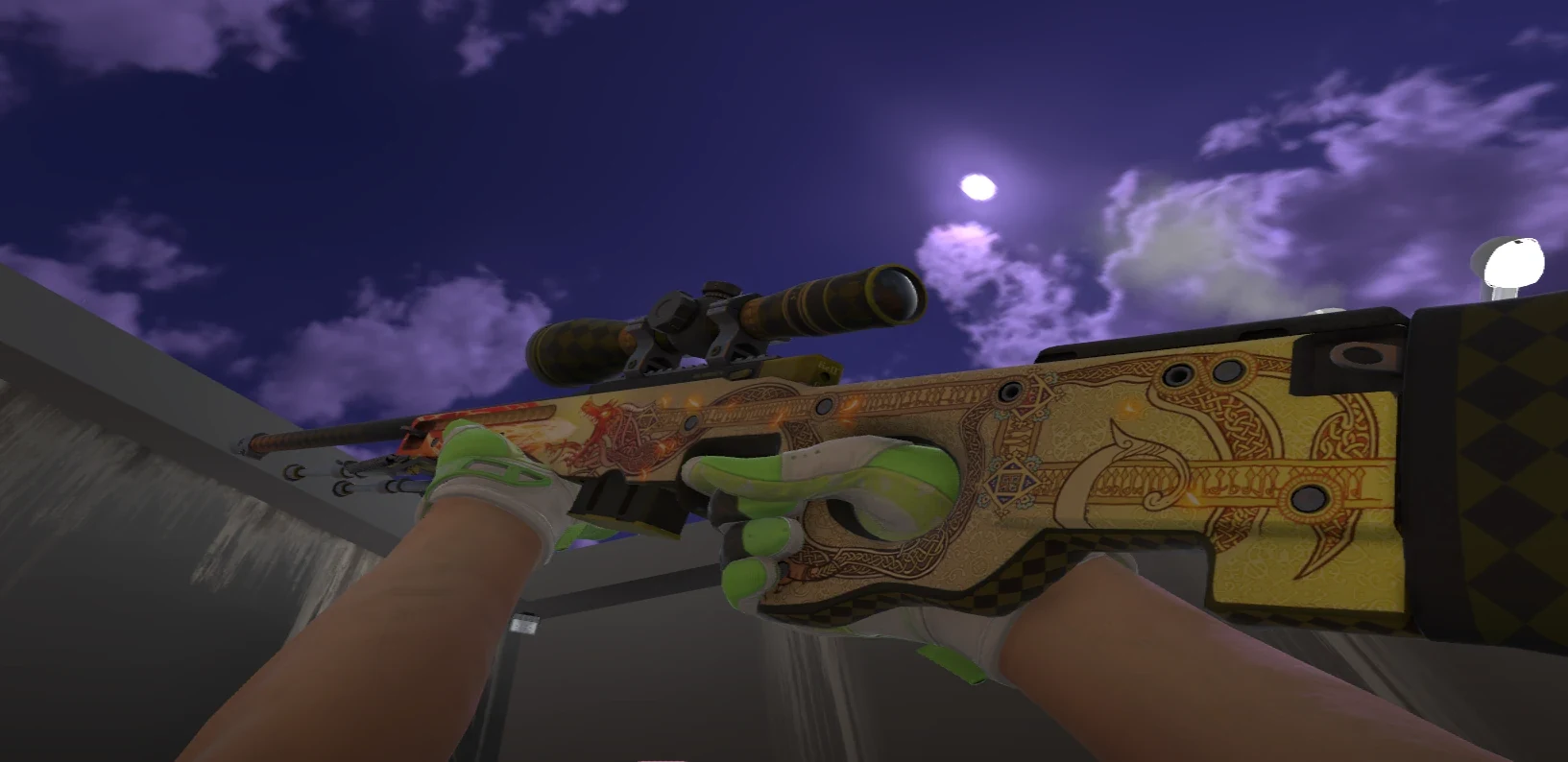 Skin changer: a Dragon Lore AWP with lime sport gloves.